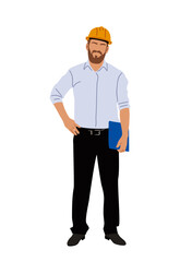 Business man, builder, engineer standing in white shirt and black pants and holding blue folder. He is wearing a hard hat. Concept of professionalism. Flat vector illustration isolated.