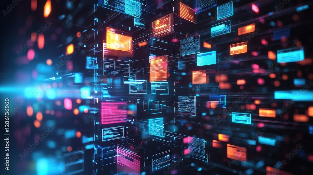 Poster abstract network grid with files and folders, futuristic software interface, digital document manage
