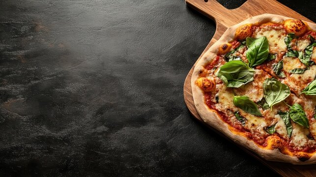 This tantalizing image features a freshly baked pizza topped with vibrant green basil leaves, presented on a rustic wooden serving board for an inviting look.