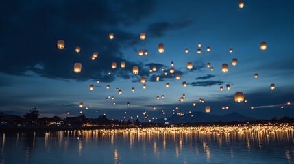 floating lanterns over a lake at night. Thailand's Loi Krathong Festival
