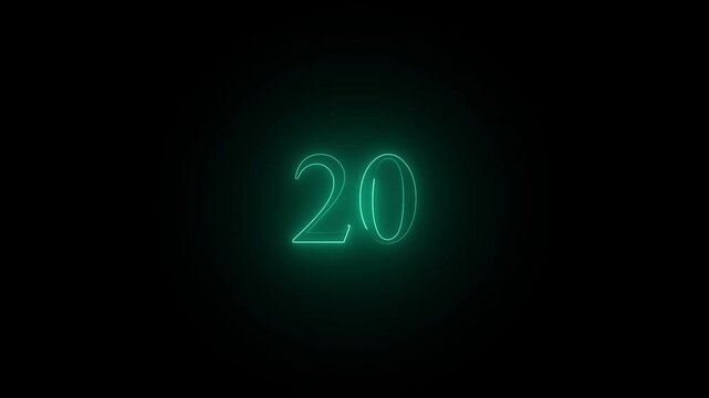 cayan color Bright neon countdown animation.black background from 1 to 25 , and 4k video.