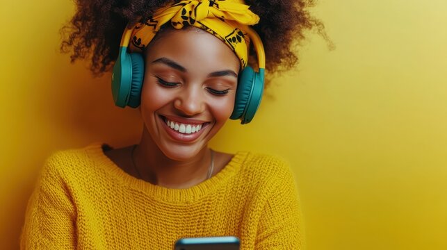 A joyful young woman laughs while listening to music with colorful headphones, radiating positivity and warmth against a bright yellow backdrop that enhances her cheerful demeanor.