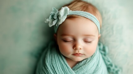 A charming baby portrait featuring a peaceful infant wrapped in mint fabric, perfectly highlighting the innocence and beauty of childhood in a cozy setting.