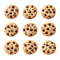 Nine delicious chocolate chip cookies, overhead shot.