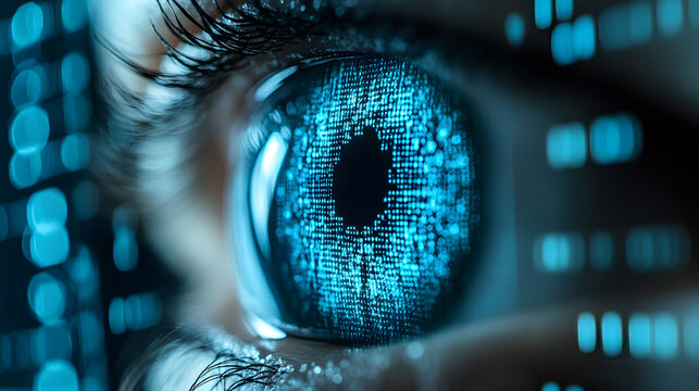 Digital Eye: A macro shot reveals a human eye transformed into a digital landscape, the iris mirroring a complex circuit board design, hinting at concepts of technology, artificial intelligence.