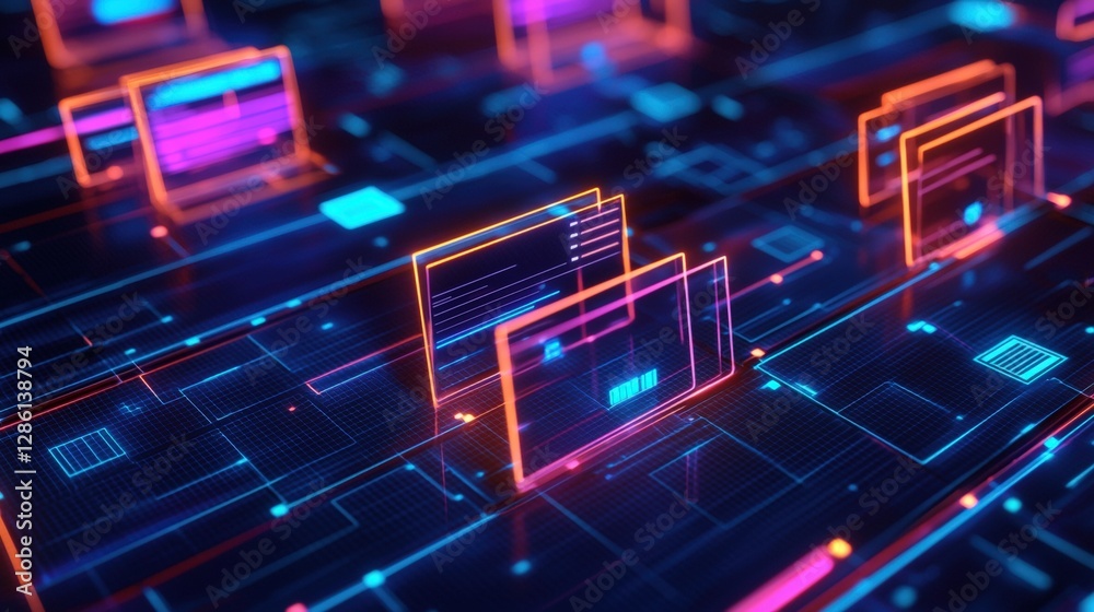 Poster abstract network grid with files and folders, futuristic software interface, digital document manage