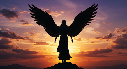 Angel Silhouette at Sunset with Open Wings Against a Colorful Sky
