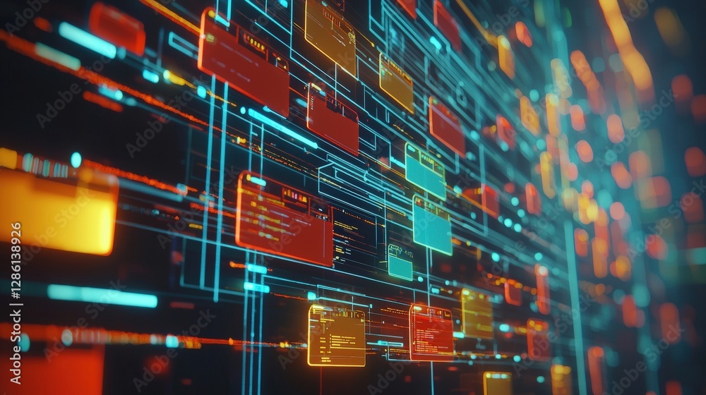 Poster abstract network grid with files and folders, futuristic software interface, digital document manage