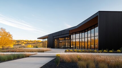 Obraz premium modern architectural building with a walkway and autumnal trees.