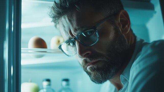 A man with glasses and a beard looks thoughtfully into an open refrigerator, capturing a moment of contemplation about food choices and daily life struggles.
