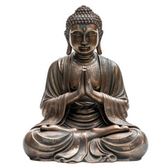 serene bronze Buddha statue in meditative pose, hands in prayer, symbolizing peace and spirituality