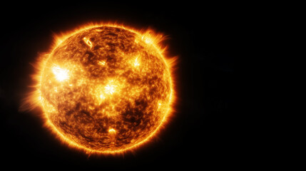 Fototapeta premium Texture of bright sun with fire light on black background.