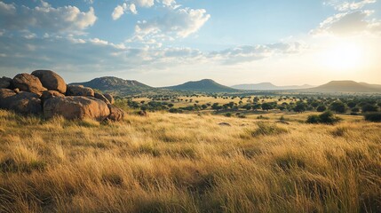 Obraz premium Golden savanna sunset landscape with boulders and distant hills.