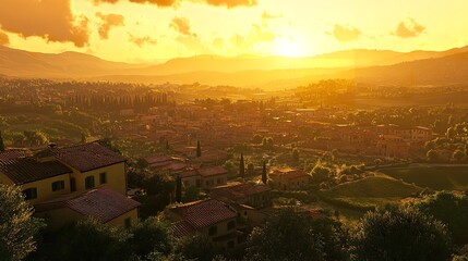 Obraz premium Golden Tuscan Sunset: A breathtaking panorama of rolling hills, terracotta rooftops, and a sun-drenched Italian town bathed in warm, golden light.