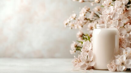 A glass jar filled with milk is beautifully surrounded by delicate cherry blossoms, creating a serene and calming atmosphere perfect for nature-themed visuals.