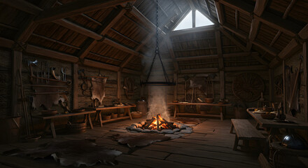 Interior of Viking Era Wooden Hall with Central Fireplace Burning