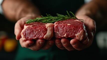 A chef presents high-quality beef steaks adjoined by fresh herbs, demonstrating the importance of selecting premium ingredients for culinary excellence and gourmet meals.