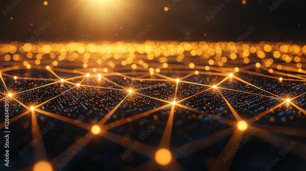 Poster network of lights forming a complex web of connectivity and interaction in a darkened environment