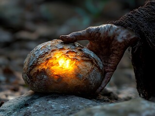 Emaciated person reaching towards glowing bread reflecting and hunger