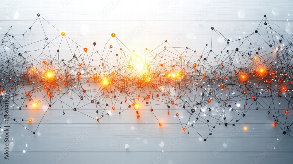 Poster intricate network of orange and black dots creating a complex visual pattern against a dark backgrou