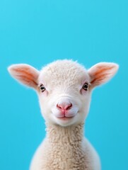 Fototapeta premium Cute lamb looking at the camera on a blue background