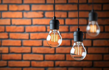 Obraz premium Interior of a rustic loft, enhanced by a vintage luxury light bulb hanging and glowing softly in the dark. The retro filter effect seamlessly combines history and modernity