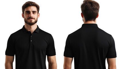 Man wearing a black polo shirt showing front and back views in a neutral setting for apparel display