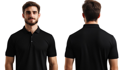 Man wearing a black polo shirt showing front and back views in a neutral setting for apparel display