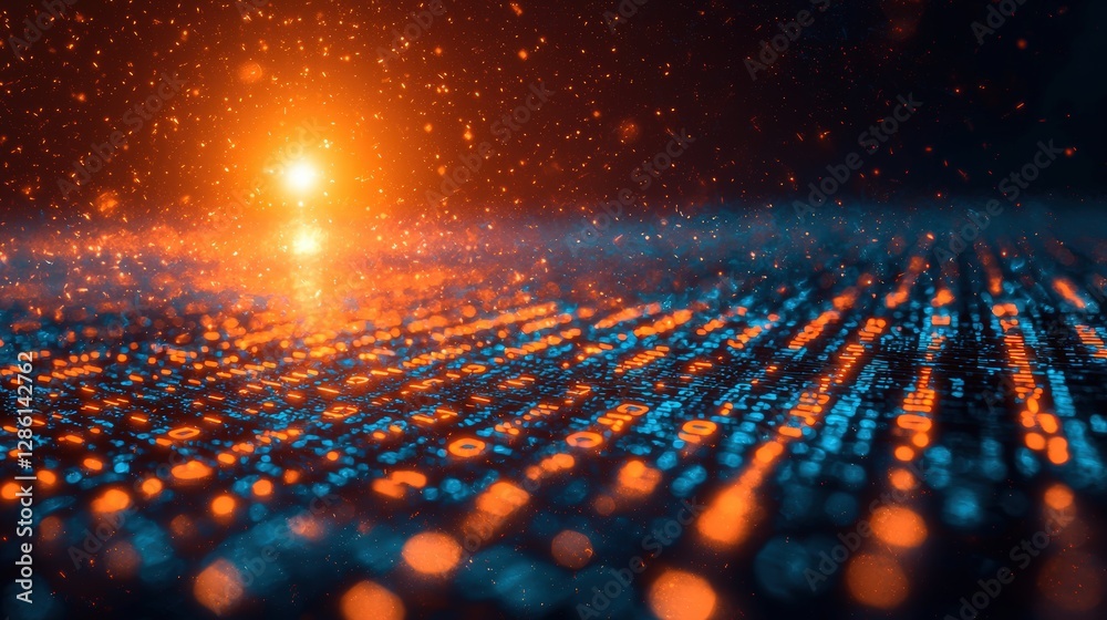 Poster modern computer keyboard illuminated by glowing light creating a high-tech digital atmosphere
