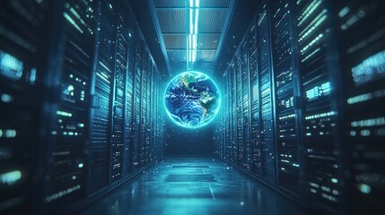 World globe positioned in a high-tech server room illustrating global data management concepts