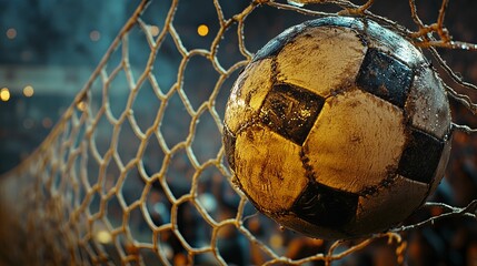 Worn Soccer Ball In Net After Goal