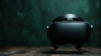 A black virtual reality headset rests on a wooden table, showcasing a minimalistic design, representing the fusion of technology and modern entertainment in a serene setting.