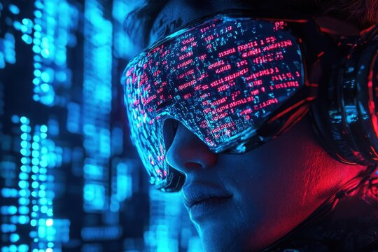 Futuristic hacker wearing augmented reality goggles with digital code reflections