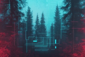 Futuristic forest with digital growth data overlay, neon greens, eco-progress concept, high-tech style , closes up