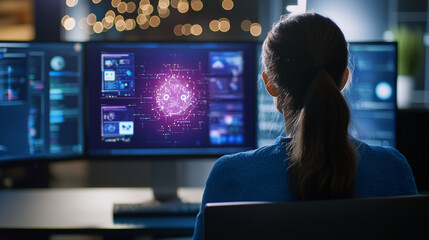 Woman Engaged with Desktop in Modern Tech Environment