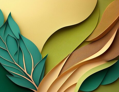abstract background made from paper cut copy space over paper bright pastel green dark green brown shade tone paper layer shape are leaf high detial