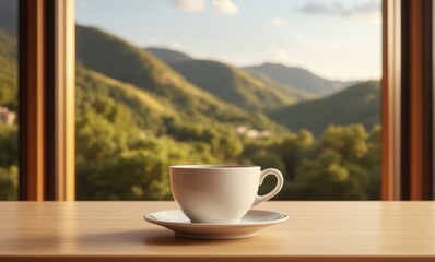 Relaxing morning coffee with mountain view