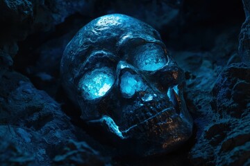 Mystical blue skull radiating energy in an underground cavern