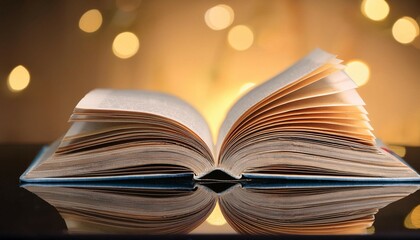 Fototapeta premium an open book resting on a table with a reflective surface