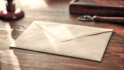 Sealed white envelope on the wooden table