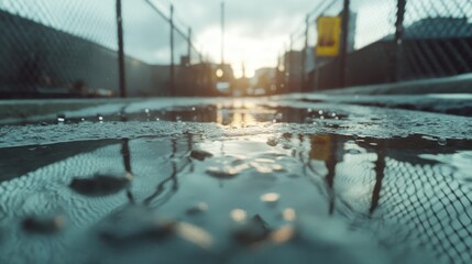 This image portrays puddles reflecting the glowing sunset in an urban area, instilling a sense of warmth and beauty in an everyday landscape, enhanced by artistic elements.