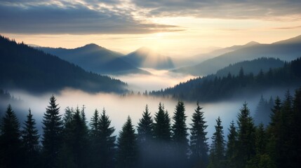 Obraz premium Misty mountain valley at sunrise