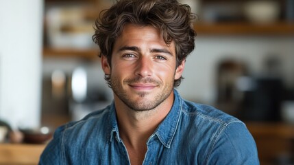 Obraz premium Smiling Young Man in Denim Shirts: Trendy Casual Male Portrait