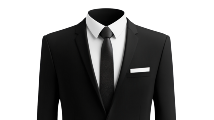 Formal black suit with tie and shirt displayed on a plain background for professional attire promotion