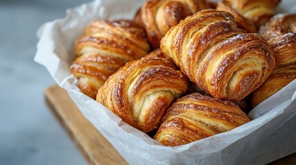 A cozy basket filled with freshly baked croissants, their golden-brown crusts inviting everyone for a delightful breakfast experience rich in buttery flavor.