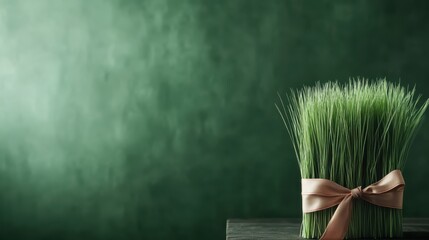 This image portrays lush green grass bound with an elegant ribbon, a delightful centerpiece representing freshness and new beginnings, ideal for various celebrations.