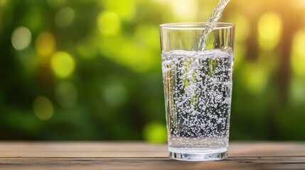Drinking water flows from the tap into a glass of water in the kitchen, close-up view. Water purifier and tap for drinking clean and fresh water