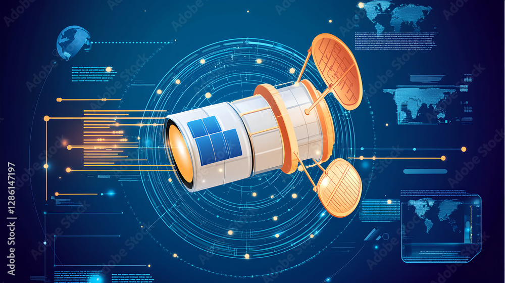 Poster exploring space technology satellite design and functionality in a digital environment