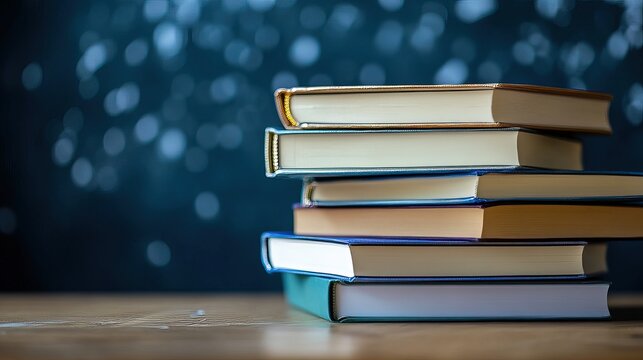 Stack of school books on wooden desk, clean arrangement, even lighting