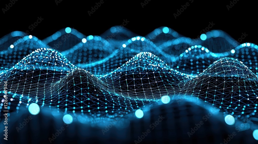 Poster intricate network of blue dots forming a complex structure representing connectivity and data flow